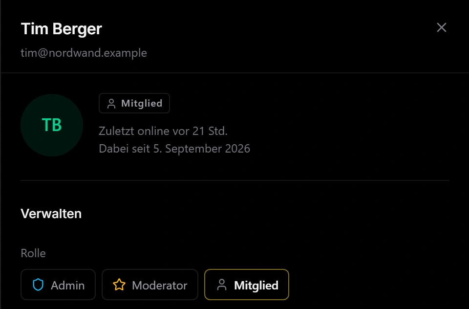 Das Panel eines Mitglieds mit der Wahl der Rolle: Admin, Moderator oder Mitglied