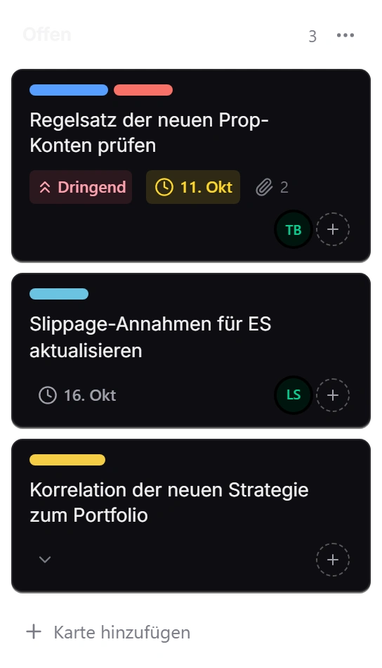 Die Liste Offen eines Boards mit den ersten Karten