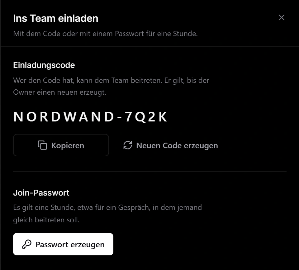 Das Panel Ins Team einladen mit Einladungscode und Join-Passwort