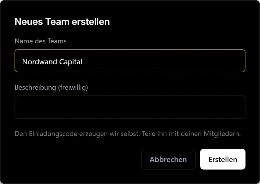 Der Dialog Neues Team erstellen mit dem Namen Nordwand Capital